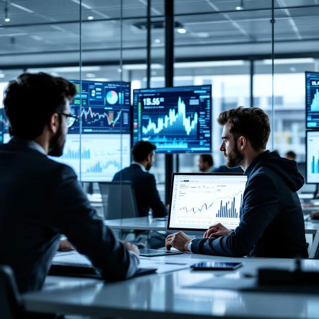 Bankada yapay zeka destekli risk analizi sistemi çalışan finansal analistler