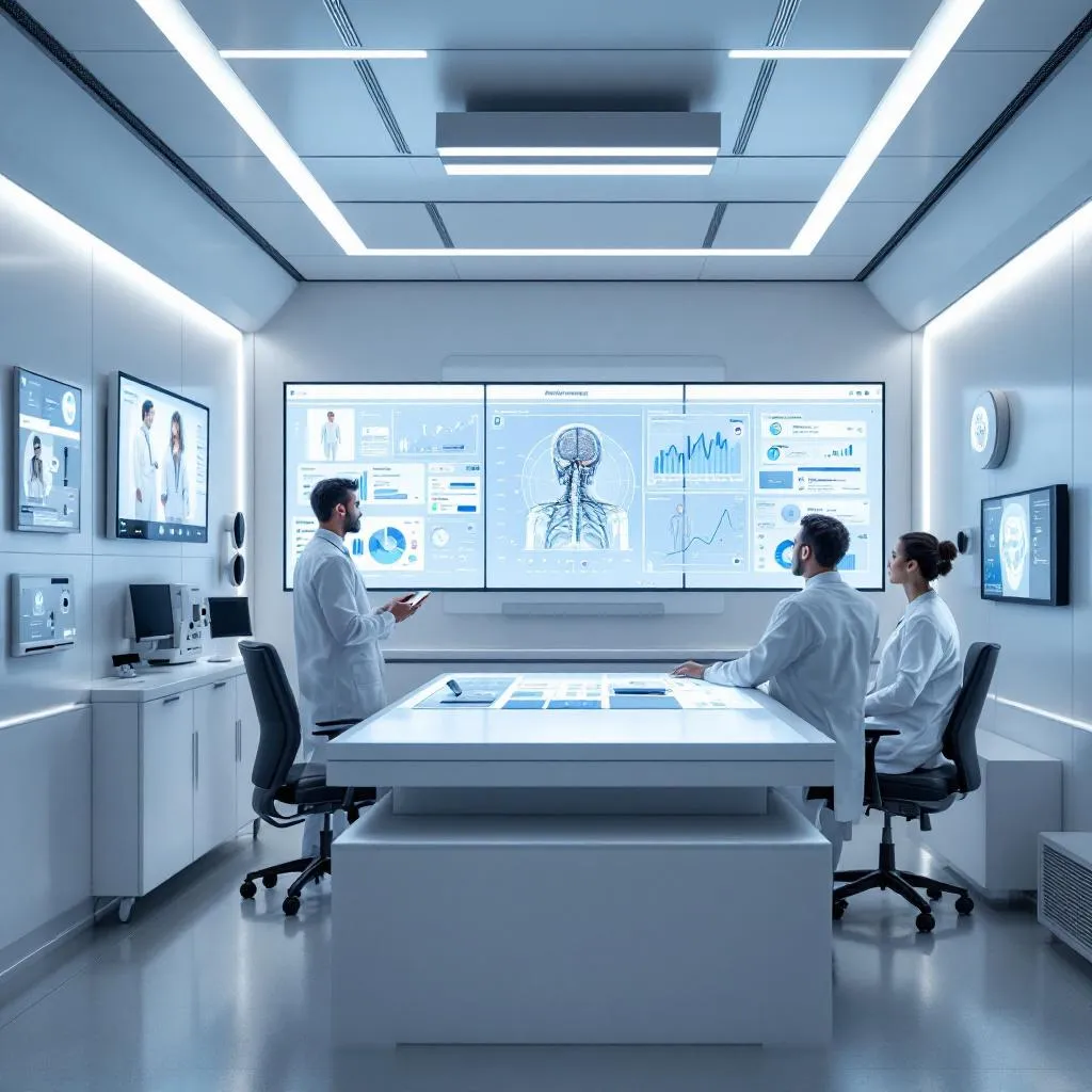 Doktorların yapay zeka destekli teşhis sistemi kullandığı modern bir hastane ortamı