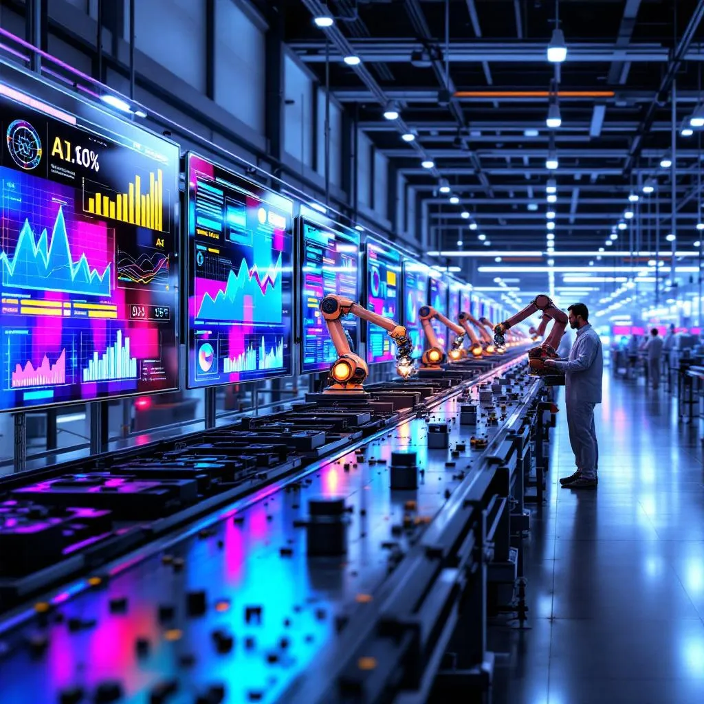 Modern bir akıllı fabrika üretim hattı ve veri görselleştirme panelleri