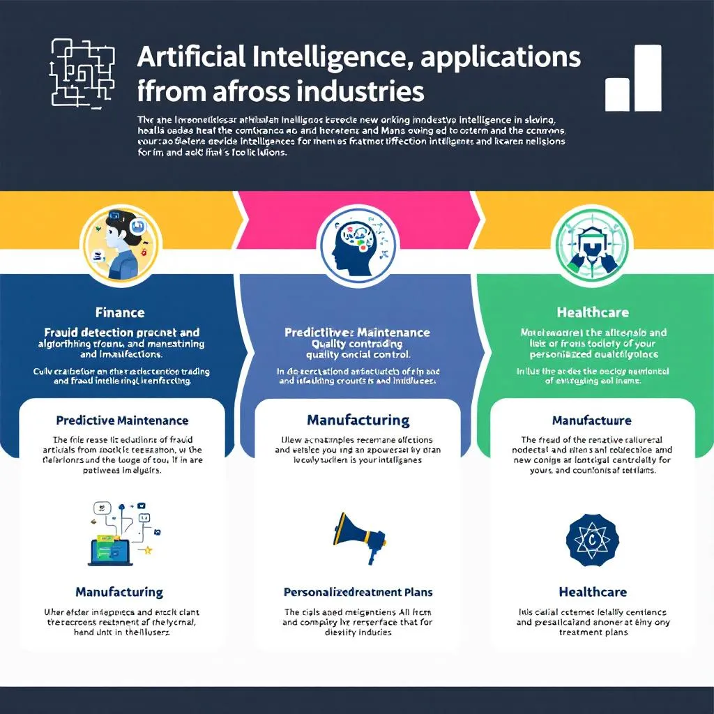 Farklı sektörlerde yapay zeka uygulamaları gösteren infografik, finans, üretim ve sağlık sektörlerinde AI kullanım örnekleri