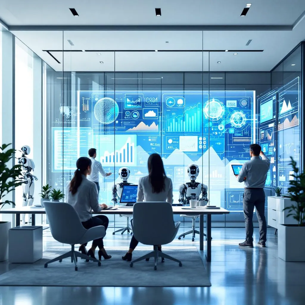 Yapay zeka ve otomasyon teknolojilerini gösteren modern bir ofis ortamı